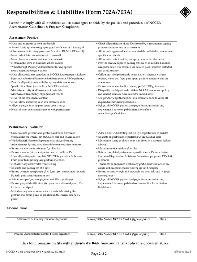 Responsibilities &amp;amp; Liabilities Form 702A703A NCCER Nccer