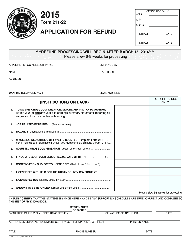  Form 211 22 Employee Refund Application Lexingtonky Gov 2015