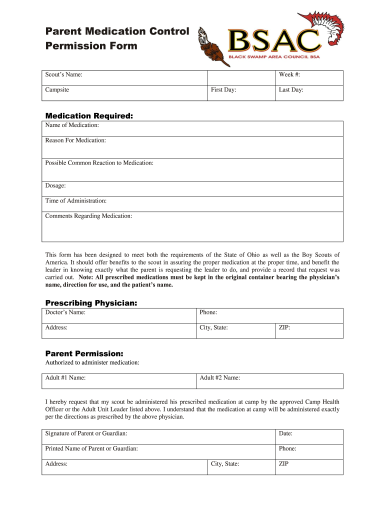 Parent Medication Control Permission Form Boy Scouts of Councilspd Scouting