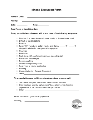 Illness Exclusion Form Lincoln, Nebraska Lincoln Ne