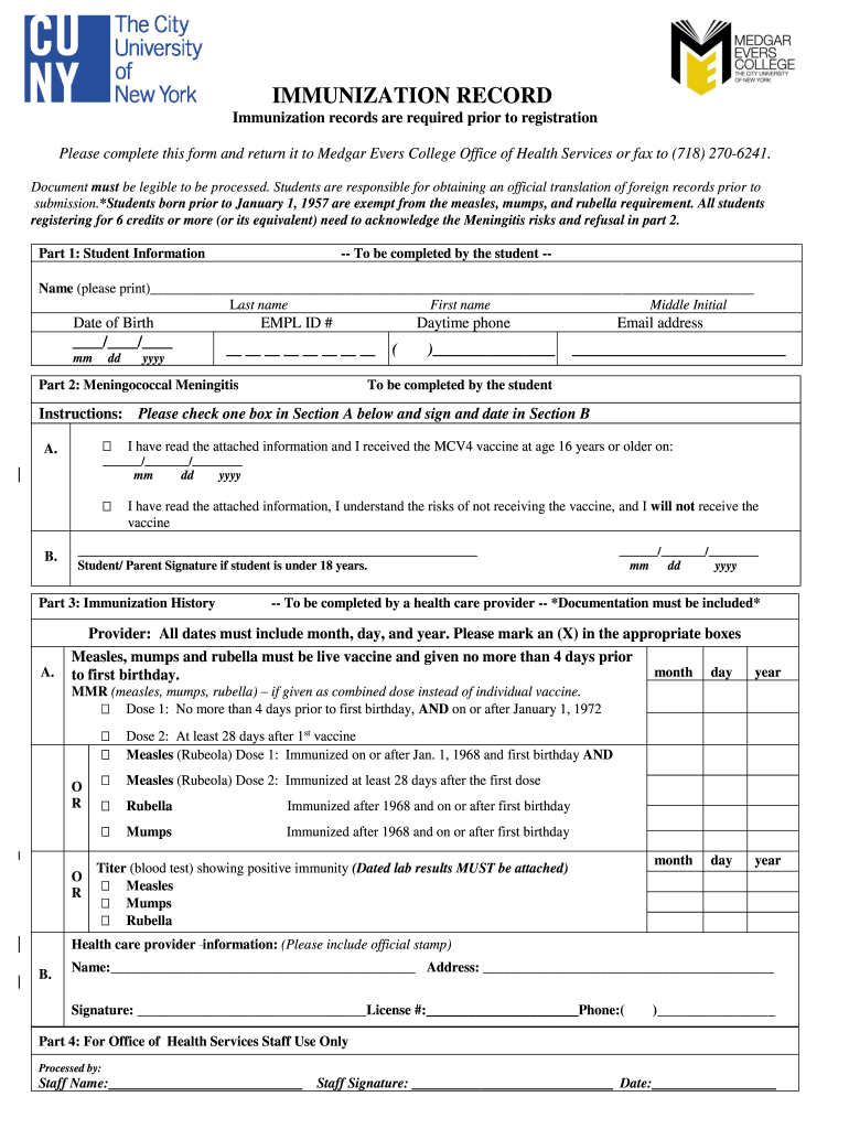 Medgar Evers Immunization Form