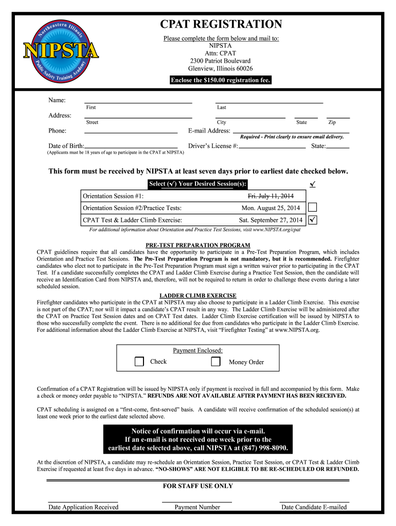 CPAT REGISTRATION  Northeastern Illinois Public Safety    Nipsta  Form