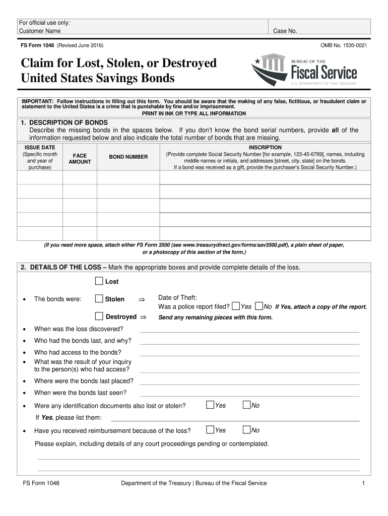 FS Form 1048 Claim for Lost, Stolen, or Destroyed United 2016