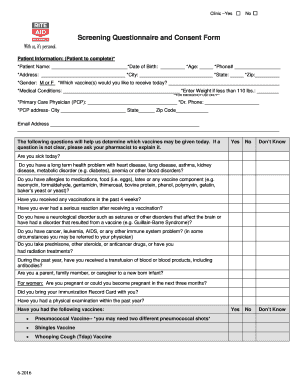 Rite Aid Screening Questionnaire and Consent Form
