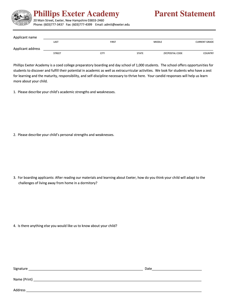 Phillips Exeter Parent  Form