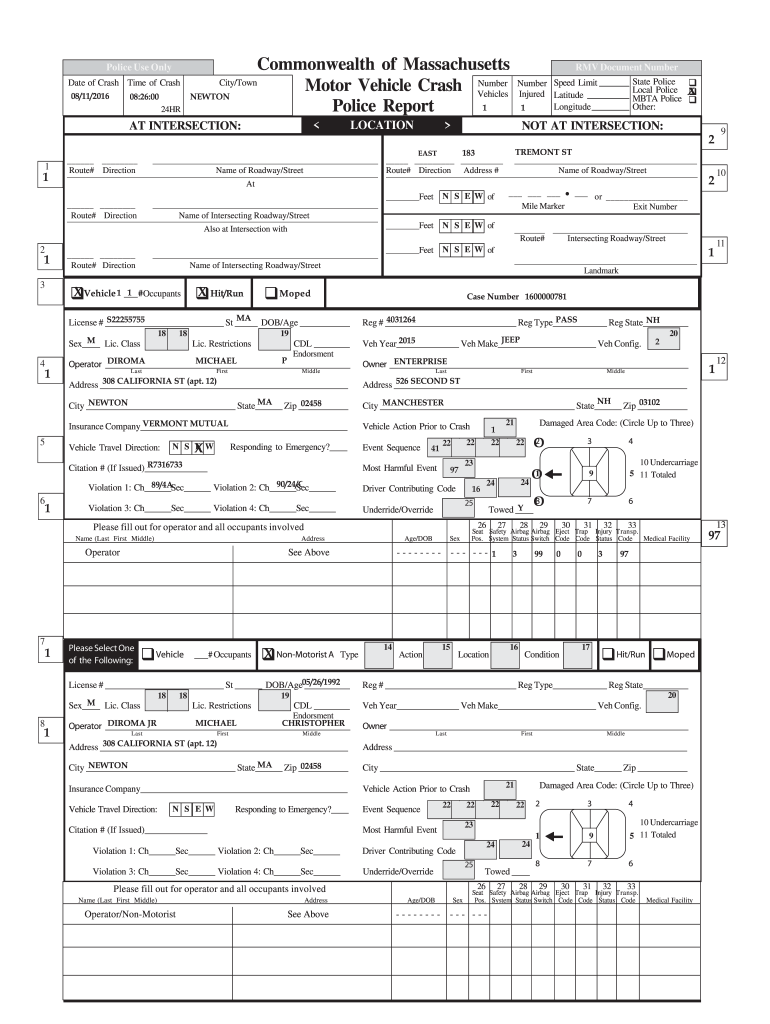 Commonwealth of Massachusetts Motor Vehicle Crash Police Report  Form