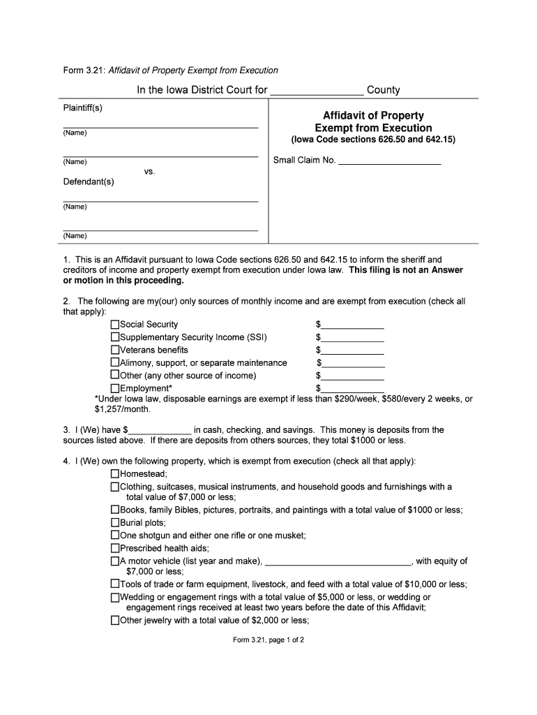 Affidavit of Property Exempt from Execution Iowa Code Iowacourts  Form