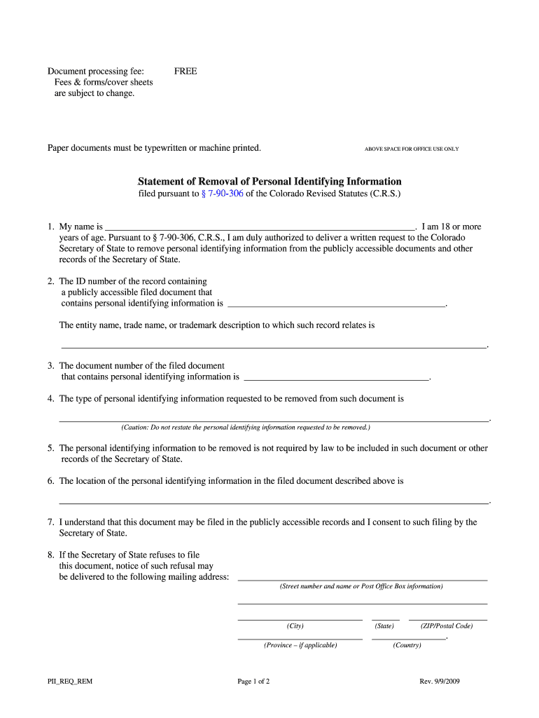  Instructions for Statement of Removal of Personal Identifying 2009