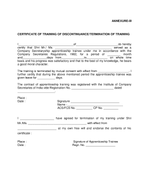 Certificate of Discontinuation of Training Icsi  Form