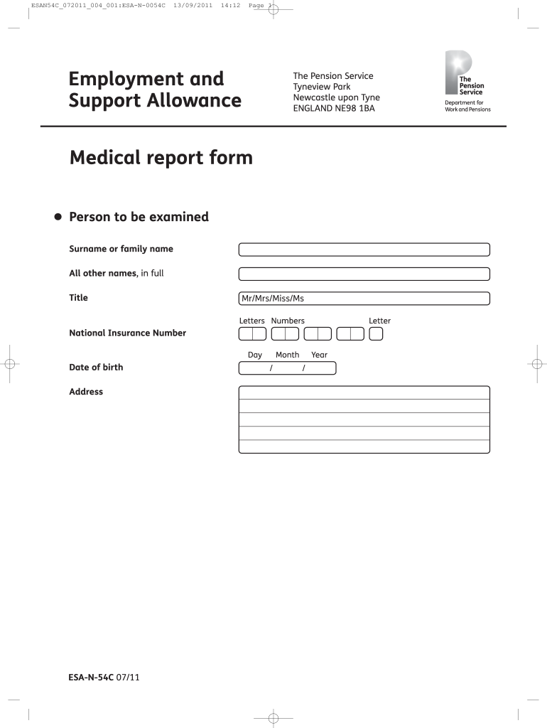  Employment and Support Allowance Medical Report Form 2011-2024