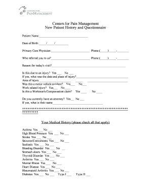 Centers for Pain Management New Patient History and  Form