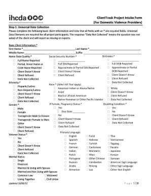 ClientTrack Project Intake Form for Domestic Violence in Gov in