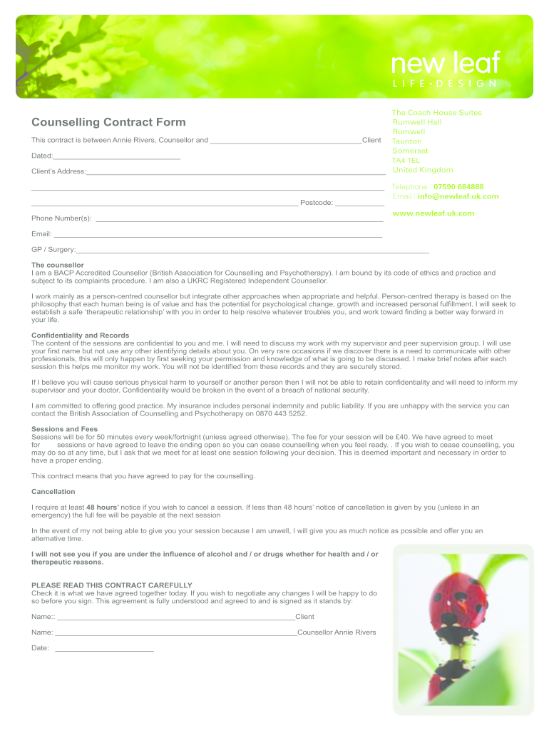 Get and Sign Printable Counselling Contract Template  Form