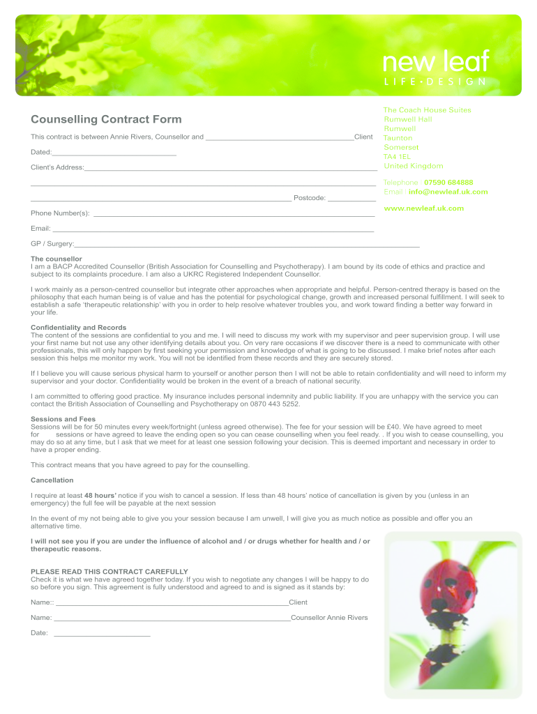 Printable Counselling Contract Template  Form