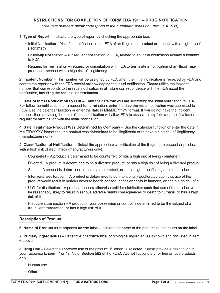  FORM FDA 3911 Instructional Supplement Instructions for Completion of Form FDA 3911Drug Notification  Fda 2015
