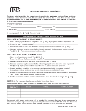 HMS Home Warranty Worksheet  Form