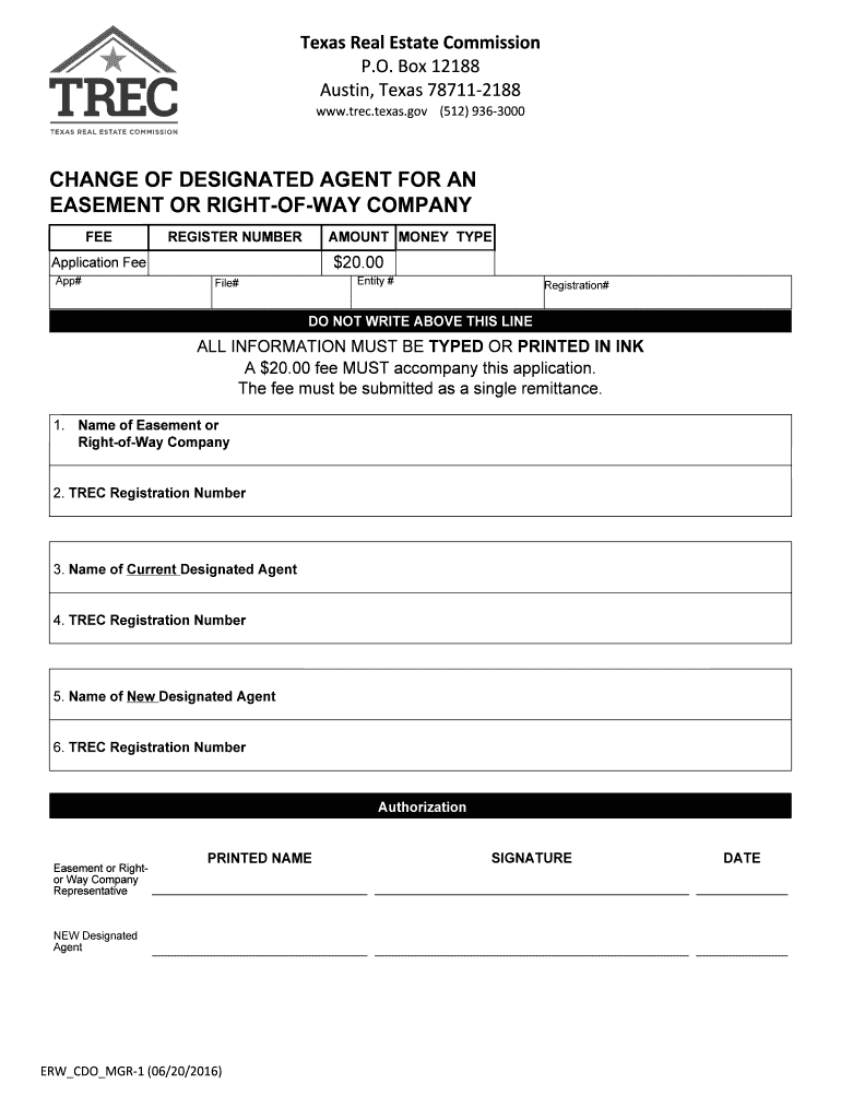 TREC Form ERW 1 3, Application for Easement or Right of Way Agent Registration for an Individual