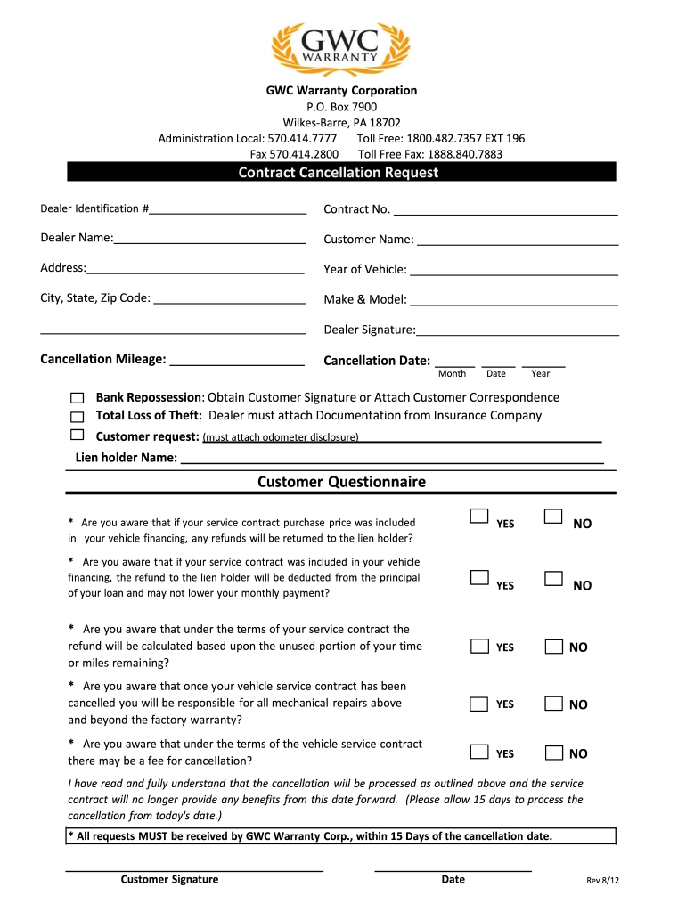  Gwc Warranty Cancellation Form 2012-2024