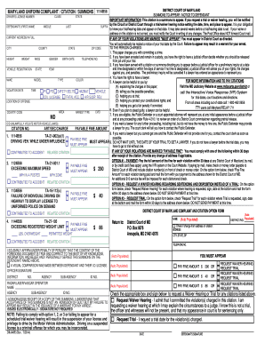 Maryland Uniform Complaint and Citation