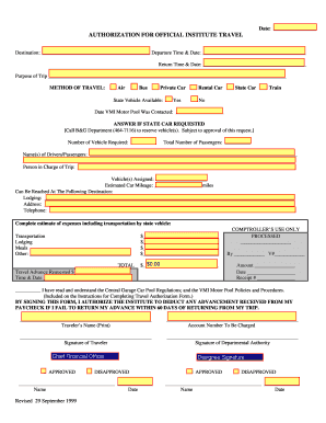 Date AUTHORIZATION for OFFICIAL INSTITUTE TRAVEL Vmi  Form