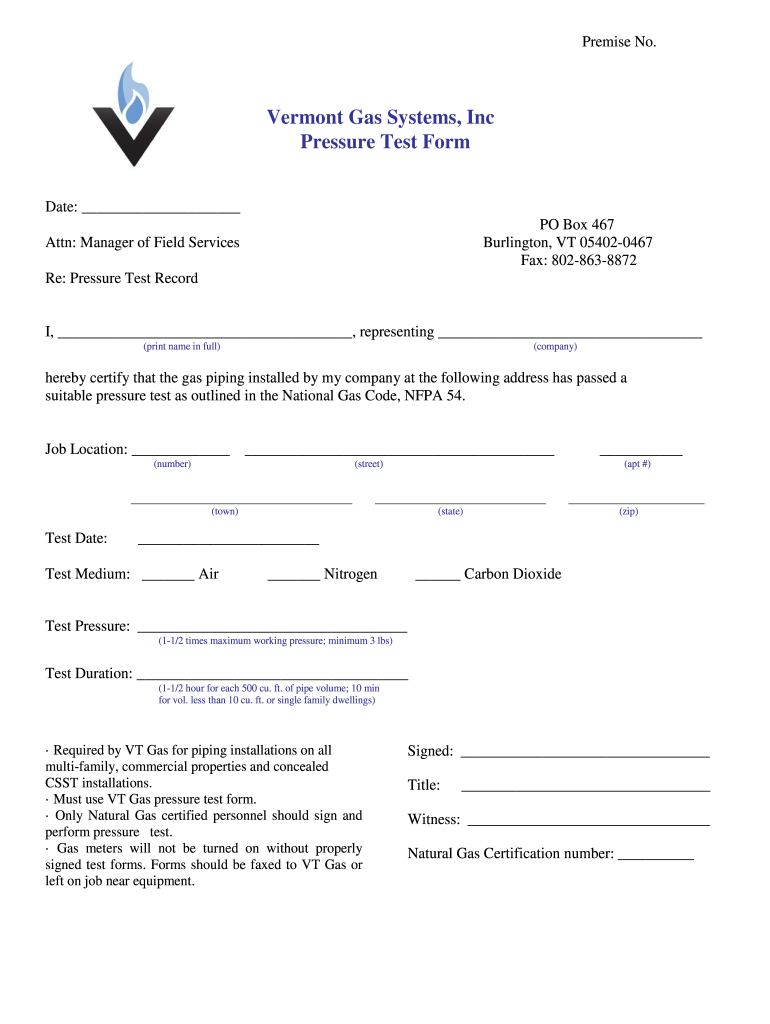 Vt Gas Pressure Test Form