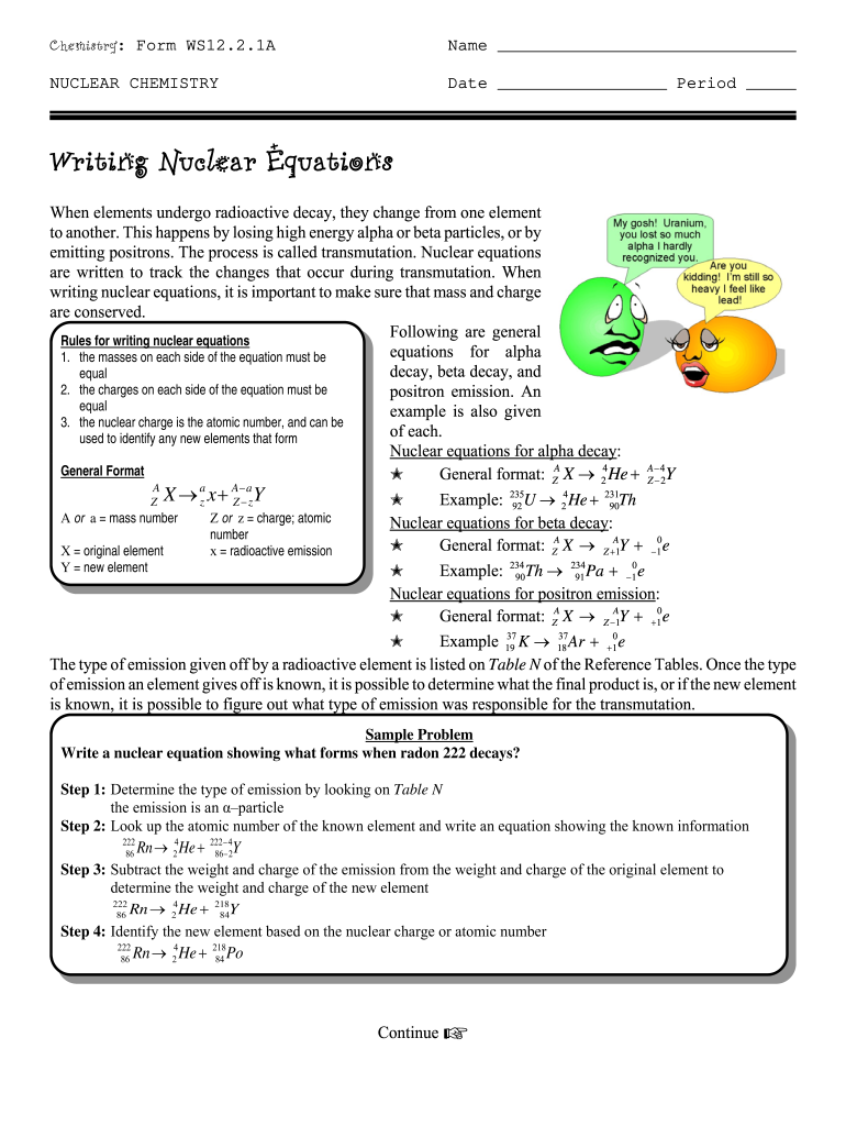 Writing Nuclear Equations  Evan&#39;s Regents Chemistry Corner  Form