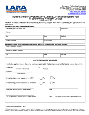  Osteopathic Certification of Appointment to a Michigan Training Program 2016