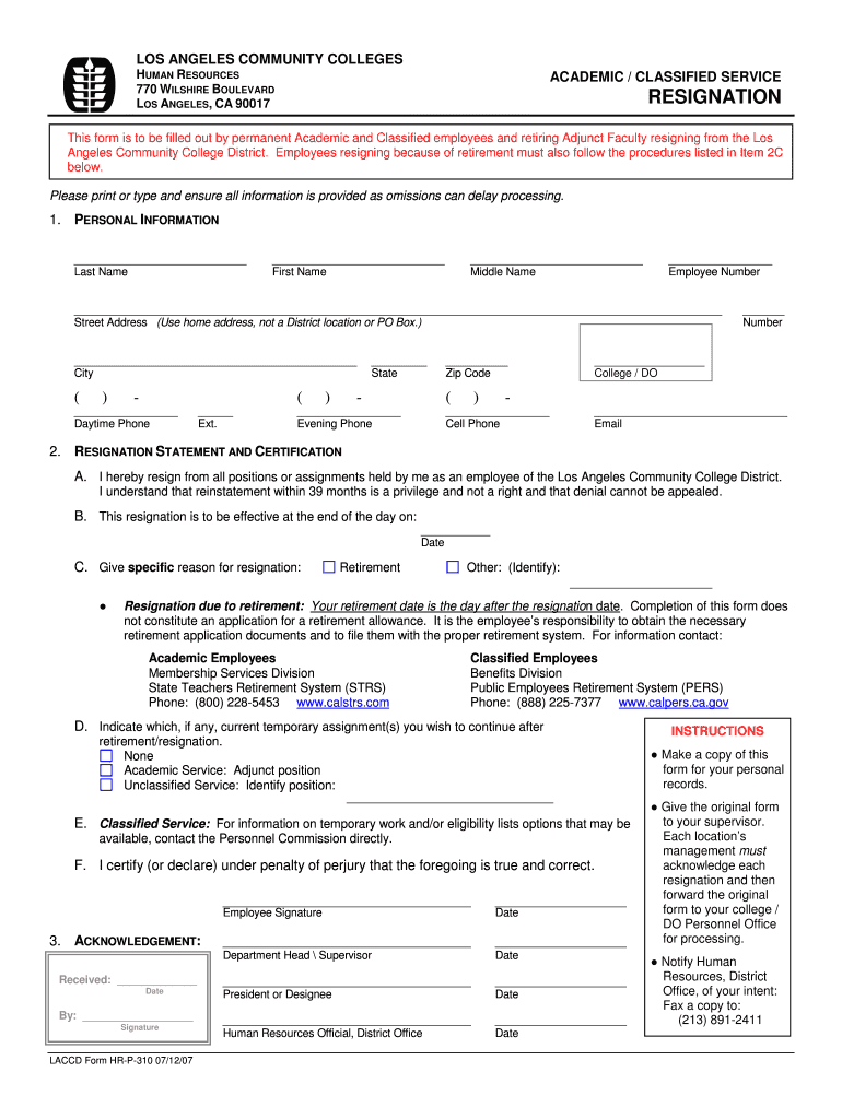Form HR P 310 Resignation