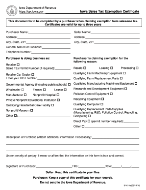 Iowa Sales Tax Exemption Certificate Fillable  Form