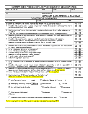 COMMANDER S PRESIDENTIAL SUPPORT PROGRAM QUESTIONNAIRE  Form