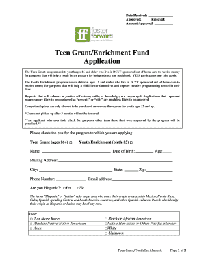 Teen GrantEnrichment Fund Application Foster Forward Fosterforward  Form