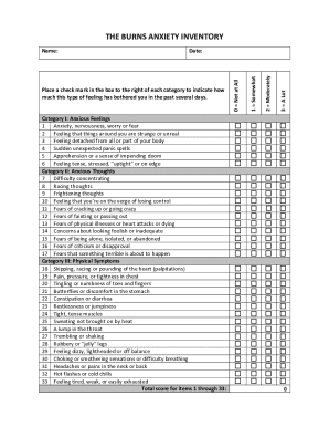 Burns Anxiety Inventory Printable  Form