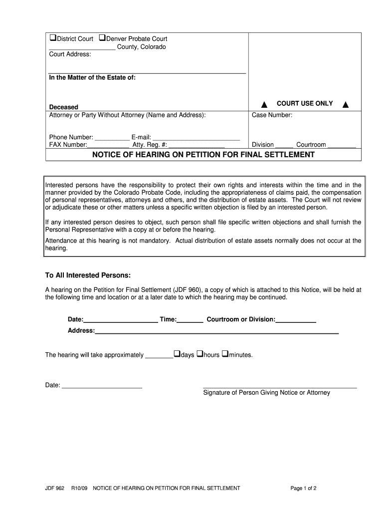 NOTICE of HEARING on PETITION for FINAL SETTLEMENT Courts State Co  Form