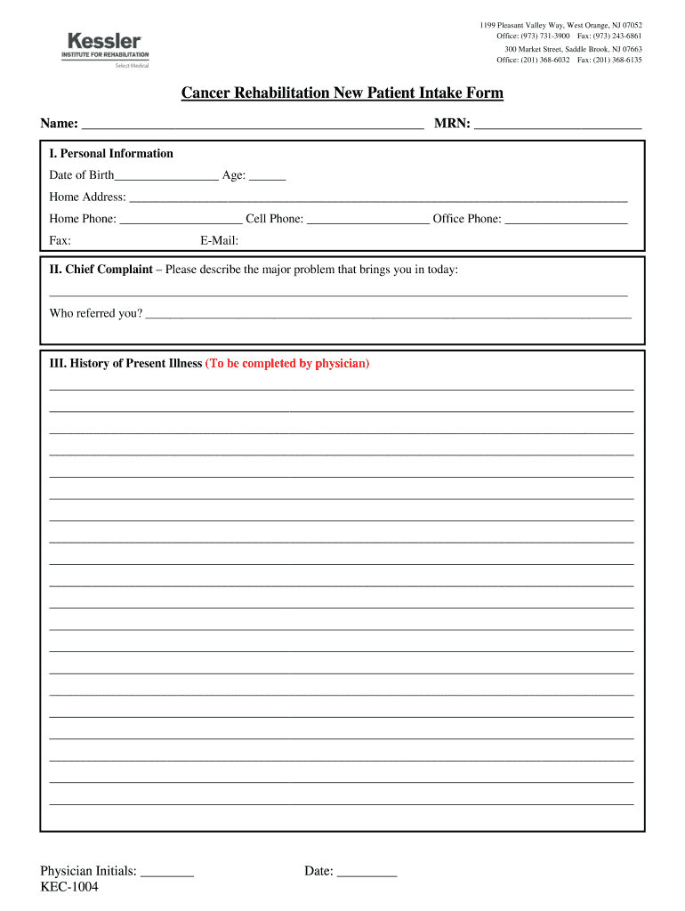 Cancer Rehabilitation New Patient Intake Form