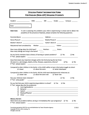 DYSLEXIAPARENT INFORMATION FORM ORENGLISH NON SPEAKING