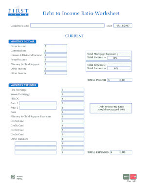 Debt to Income Ratio Worksheet  Form