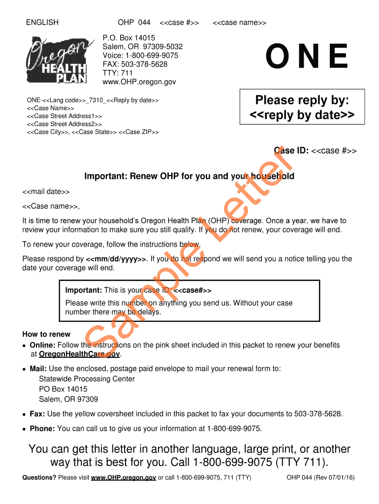 OHP Renewal PART 1  Oregon  Form