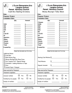 Cash Tally Sheet  Form