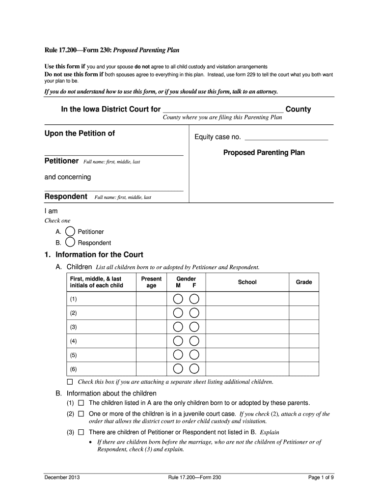 Iowa 230 Parenting Plan  Form