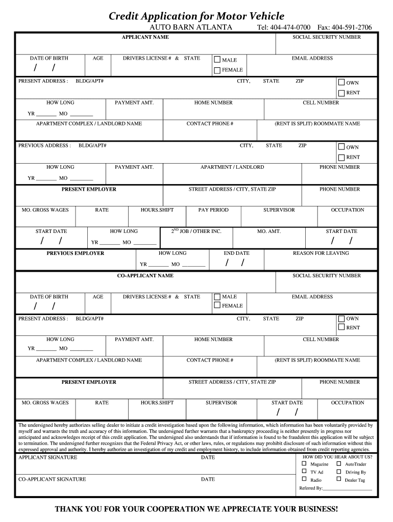 Credit Application for Motor Vehicle Autobarnatl Com  Form