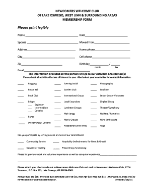 Please Print Legibly Newcomers Welcome Club  Form