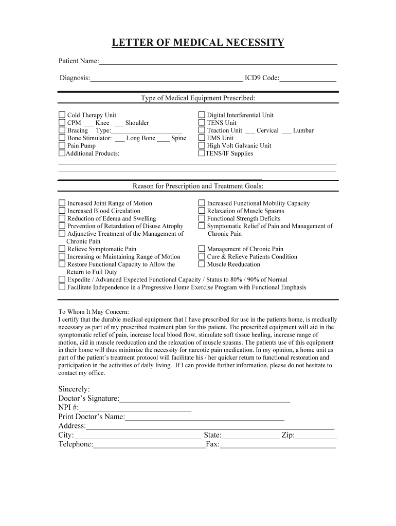 Letter of Medical Necessity for Dme  Form