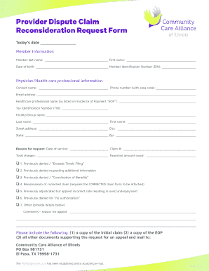 Provider Dispute Claim Reconsideration Request Form CCAI