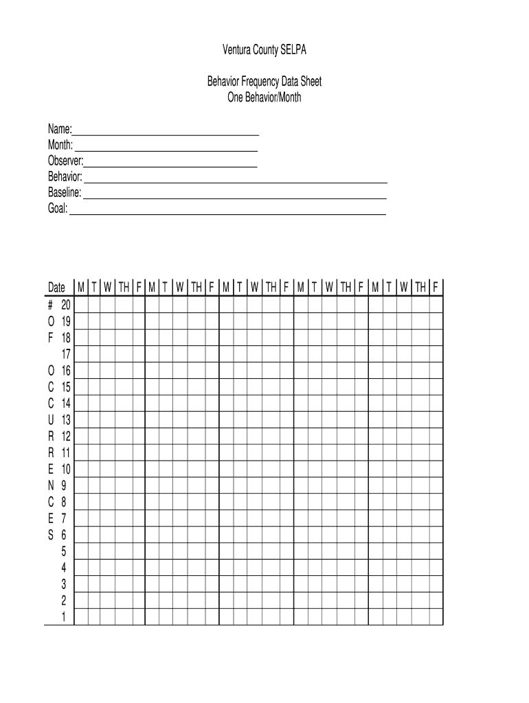 Behavior Frequency Data Sheet One BehaviorMonth  Form