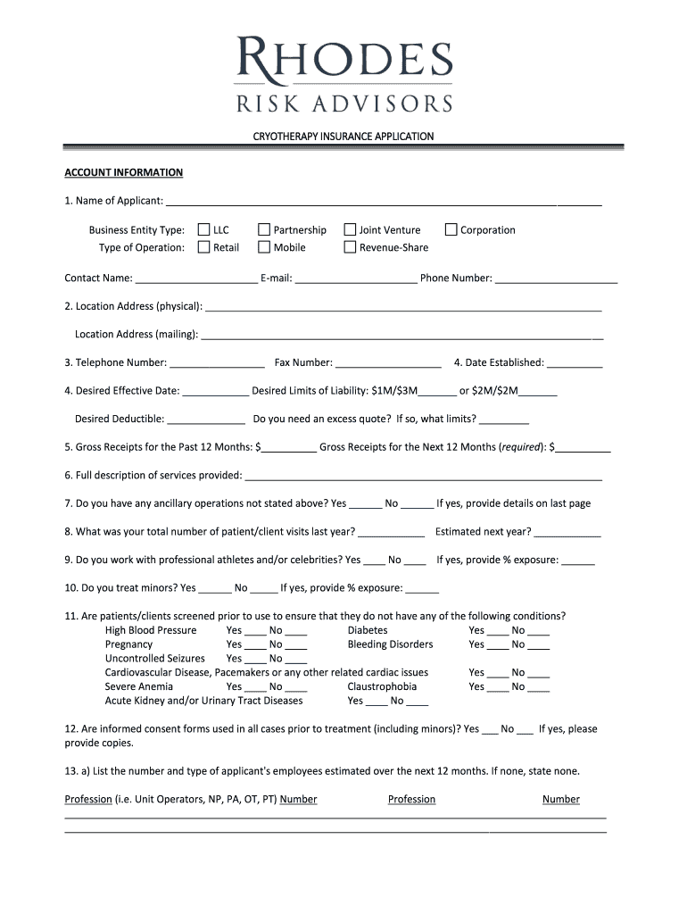 CRYOTHERAPY INSURANCE APPLICATION Rhodes Risk  Form