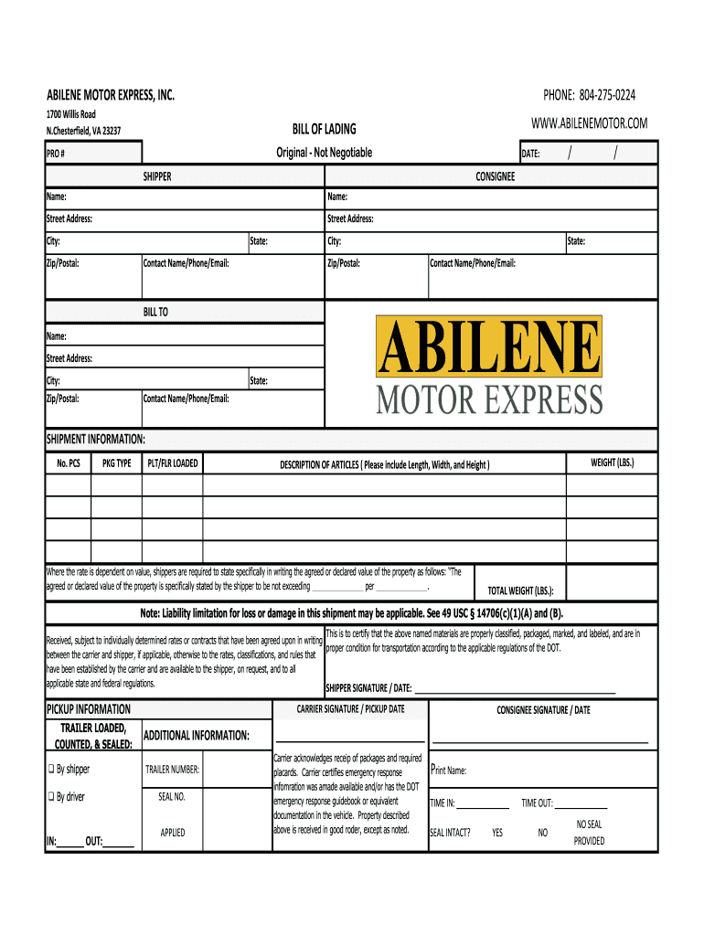 ABILENE MOTOR EXPRESS, INC PHONE 804 275 0224 BILL of  Form