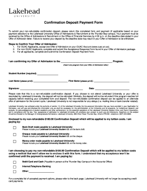 Confirmation Deposit Payment Form Lakehead University
