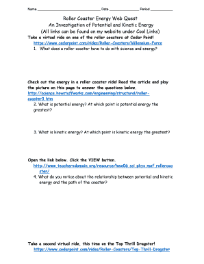 Roller Coaster Energy Webquest Answer Key  Form