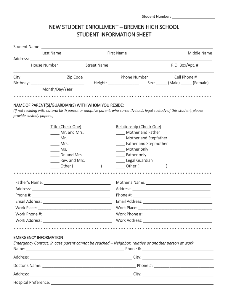 NEW STUDENT ENROLLMENT BREMEN HIGH SCHOOL STUDENT  Form