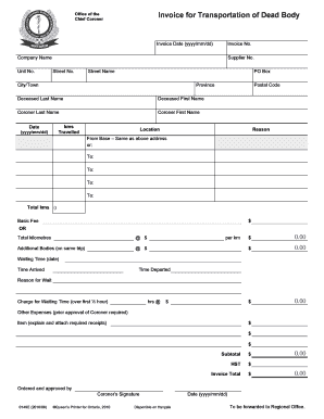 Invoice for Transportation of Dead Body Chief Coroner Forms Ssb Gov on